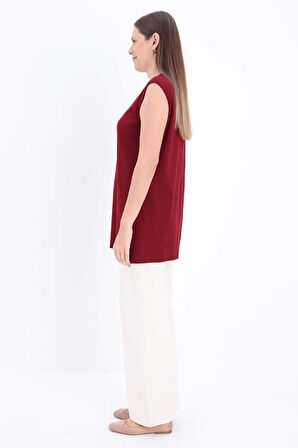 Bordo-Pamuklu Fitilli Kolsuz T-Shirt