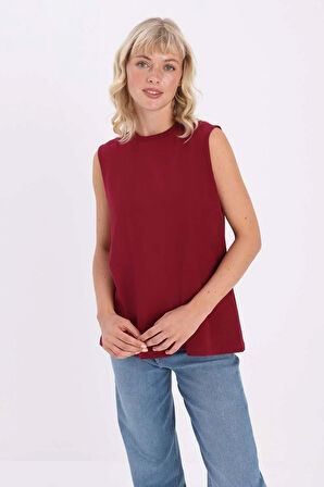 Mürdüm-Bisiklet Yaka Kolsuz Pamuklu T-Shirt