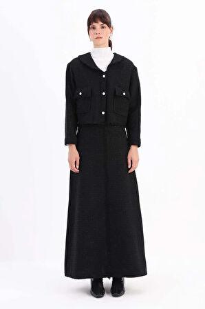 Siyah-Taşlı Düğmeli Cepli Tüvit Etekli Takım