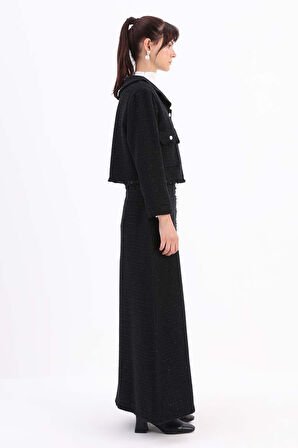 Siyah-Taşlı Düğmeli Cepli Tüvit Etekli Takım