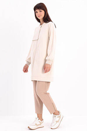 Açık Bej-Taş Detaylı Kapüşonlu Hırka