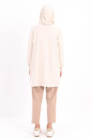 Açık Bej-Taş Detaylı Kapüşonlu Hırka