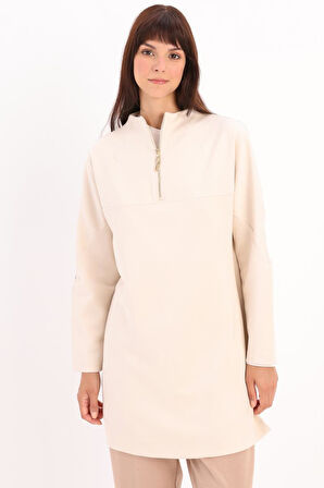 Açık Bej-Dik Yakalı Robalı Tunik