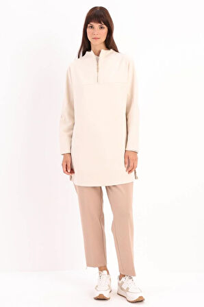 Açık Bej-Dik Yakalı Robalı Tunik