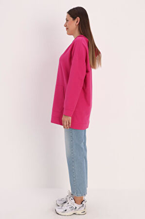 Fuşya-Kapüşonlu Kanguru Cepli Sweatshirt