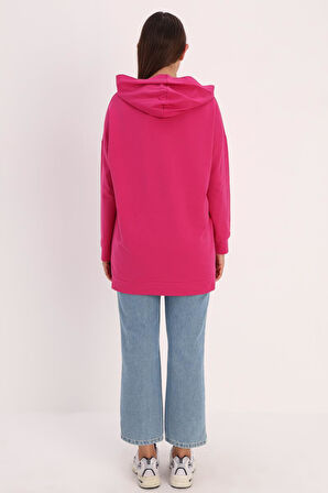 Fuşya-Kapüşonlu Kanguru Cepli Sweatshirt