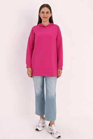 Fuşya-Kapüşonlu Kanguru Cepli Sweatshirt