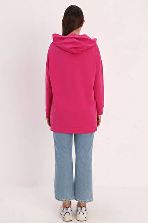 Fuşya-Kapüşonlu Kanguru Cepli Sweatshirt