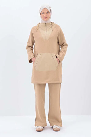 Bej-Garnili Kanguru Cepli Eşofman Takımı