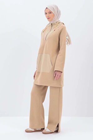 Bej-Garnili Kanguru Cepli Eşofman Takımı