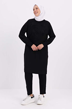 Siyah-NAKIŞLI PİLİKAŞELİ SWEAT TUNİK