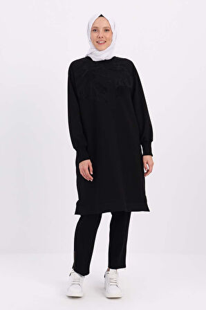 Siyah-NAKIŞLI PİLİKAŞELİ SWEAT TUNİK