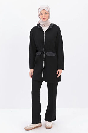 Siyah-Saten Garnili Kapüşonlu Hırka
