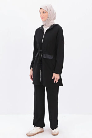 Siyah-Saten Garnili Kapüşonlu Hırka