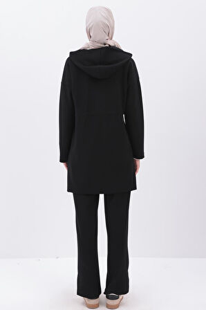 Siyah-Saten Garnili Kapüşonlu Hırka