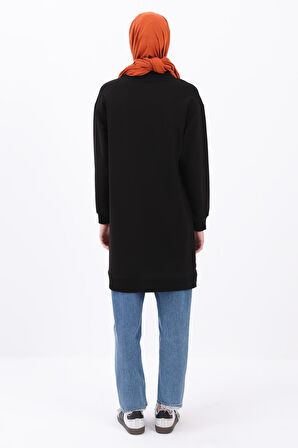 Siyah-APLİKE NAKIŞLI SWEAT TUNİK