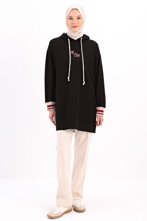 Siyah-NAKIŞLI MANŞETİ RİBANALI SWEAT TUNİK