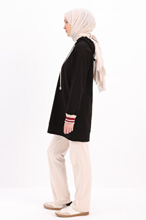 Siyah-NAKIŞLI MANŞETİ RİBANALI SWEAT TUNİK