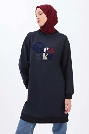 Lacivert-APLİKE NAKIŞLI SWEAT TUNİK