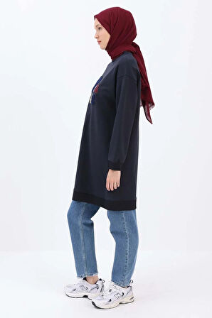 Lacivert-APLİKE NAKIŞLI SWEAT TUNİK