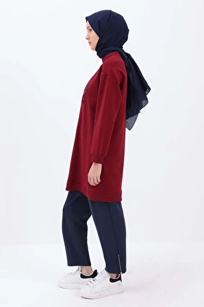 Vişne-APLİKE NAKIŞLI SWEAT TUNİK