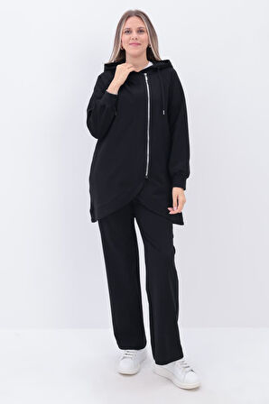 Siyah-Yandan Fermuarlı Cepli Eşofman Takımı