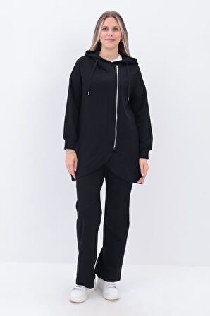 Siyah-Yandan Fermuarlı Cepli Eşofman Takımı