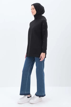 Siyah-KOLLARI TAŞLI KAPÜŞONLU SWEAT TUNİK