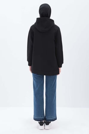 Siyah-KOLLARI TAŞLI KAPÜŞONLU SWEAT TUNİK