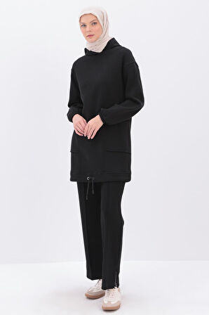 Siyah-Kulplu Kapüşonlu Sweat Tunik
