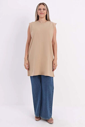 Bej-Yaka Biyeli Kolsuz T-Shirt Tunik