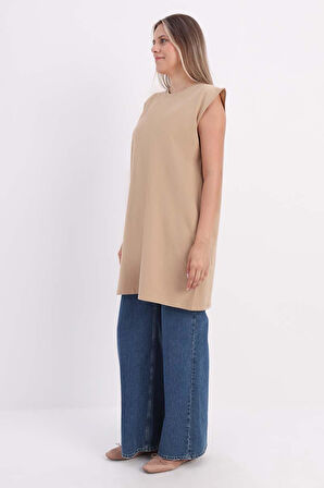 Bej-Yaka Biyeli Kolsuz T-Shirt Tunik