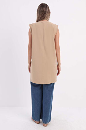 Bej-Yaka Biyeli Kolsuz T-Shirt Tunik