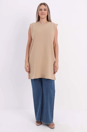 Bej-Yaka Biyeli Kolsuz T-Shirt Tunik