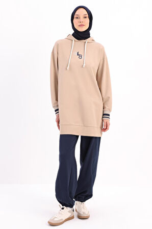 Bej-NAKIŞLI MANŞETİ RİBANALI SWEAT TUNİK