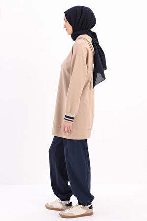 Bej-NAKIŞLI MANŞETİ RİBANALI SWEAT TUNİK