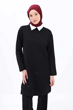 Siyah-Taşlı Geometrik Çima Detaylı Tunik