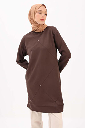 Kahve-Taşlı Geometrik Çima Detaylı Tunik