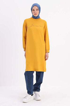 Sarı-NAKIŞLI PİLİKAŞELİ SWEAT TUNİK
