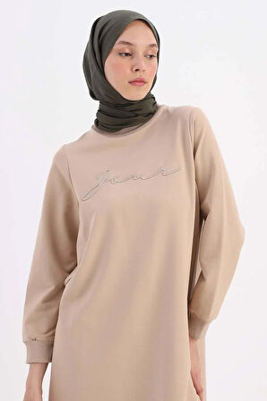Bej-Nakışlı Pilikaşeli Sweat Tunik
