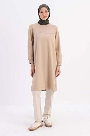 Bej-Nakışlı Pilikaşeli Sweat Tunik