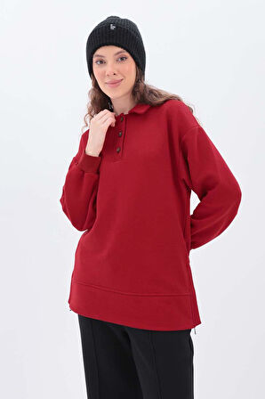 Kırmızı-Yanları Fermuarlı Yakalı Sweat Tunik