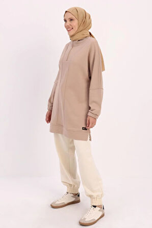 Bej-DİK YAKALI FERMUARLI SWEAT TUNİK