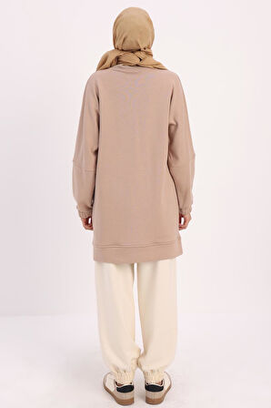 Bej-DİK YAKALI FERMUARLI SWEAT TUNİK