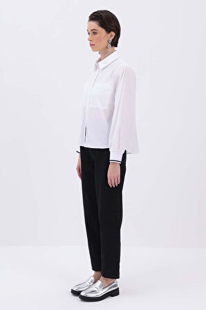 Beyaz-MANŞETİ RİBANALI BÜYÜK CEPLİ GÖMLEK