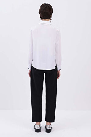 Beyaz-MANŞETİ RİBANALI BÜYÜK CEPLİ GÖMLEK