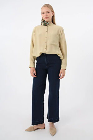 Koyu Mavi-Pamuklu Wide Leg Denim Pantolon