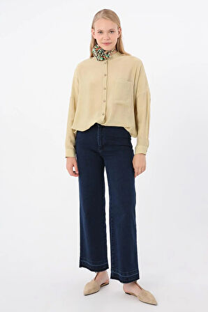 Koyu Mavi-Pamuklu Wide Leg Denim Pantolon