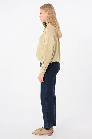 Koyu Mavi-Pamuklu Wide Leg Denim Pantolon