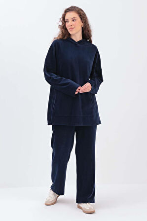 İndigo-KAPÜŞONLU KANGURU CEPLİ PANTOLONLU TAKIM
